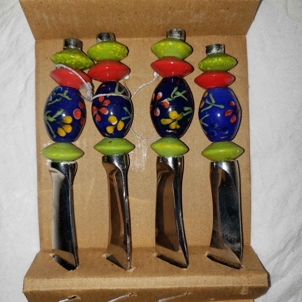 Pier 1 Imports Canape Decorative Colorful Knife Set Of 4 India Dining Servng NIB